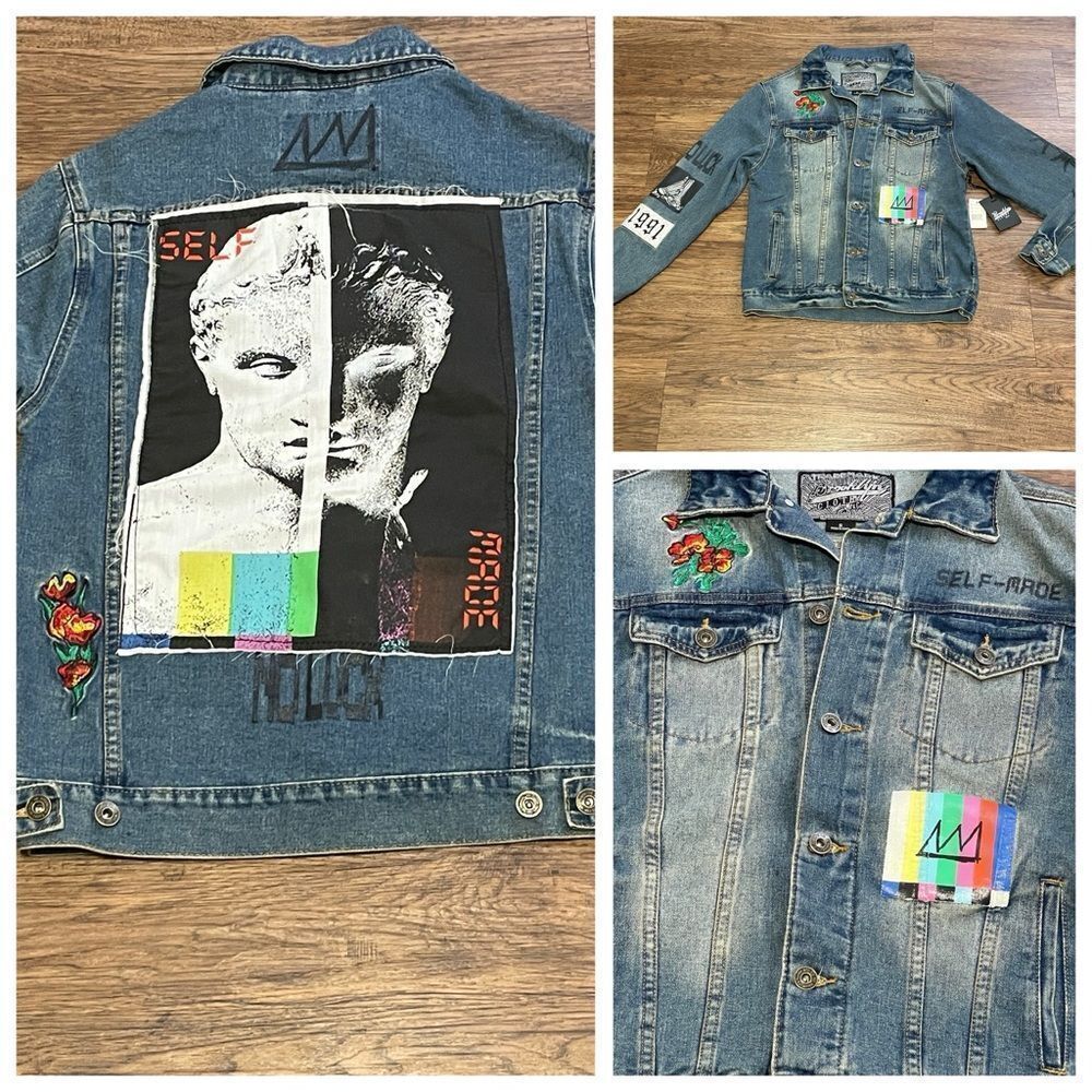 NWT Brooklyn Cloth Artistic Denim Jacket with Colorful Patches Streetwear Size S